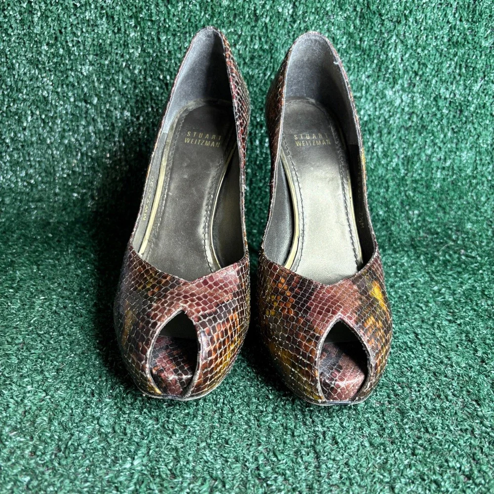 Stuart Weitzman Victoria Python Peep Toe Pumps Stiletto Heel Brown Women Sz 7.5M